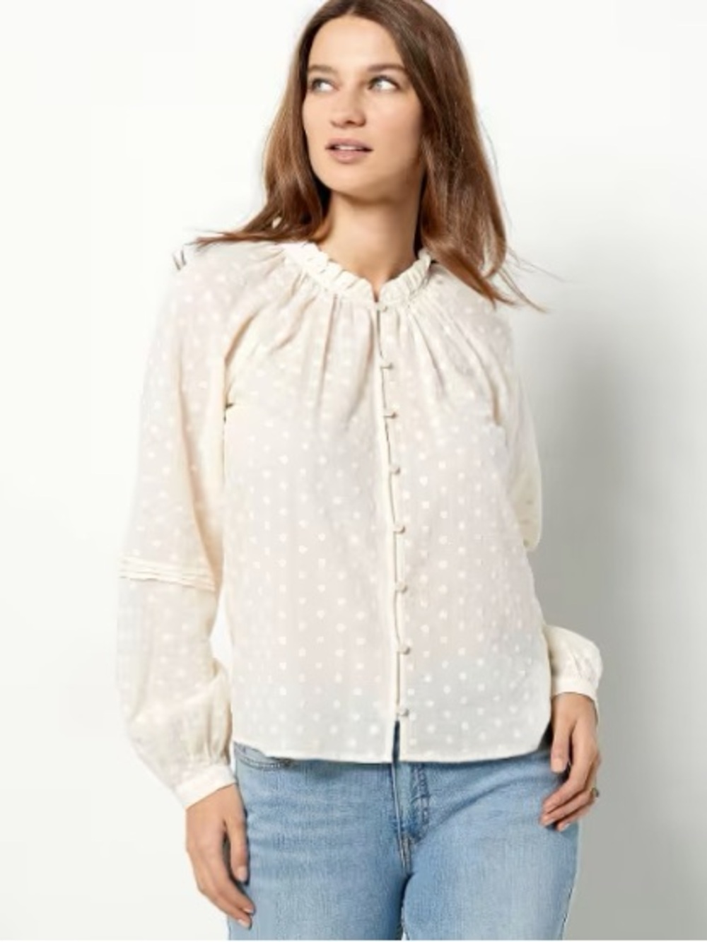 Candace Cameron Bure Cream Swiss Dot Button-Front Blouse 100% Cotton
